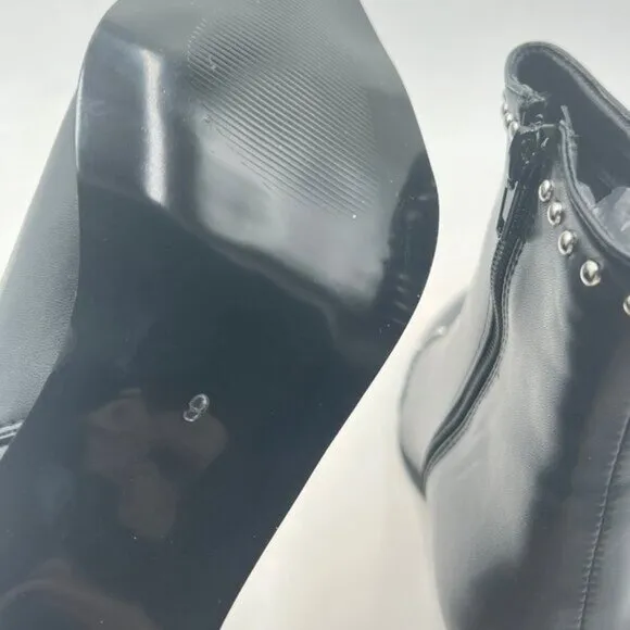 FSJ Black Block Low Mid Heel Pointy Toe Rivets Studs Side Zipper Ankle Boots