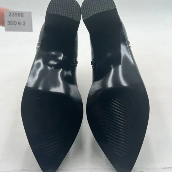 FSJ Black Block Low Mid Heel Pointy Toe Rivets Studs Side Zipper Ankle Boots
