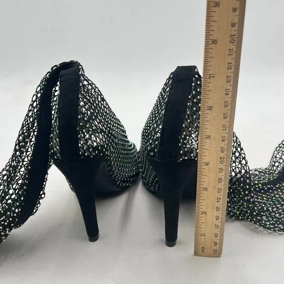 FSJ Black Diamante Fish Net Sexy High Heel Long Boots