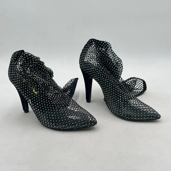 FSJ Black Diamante Fish Net Sexy High Heel Long Boots