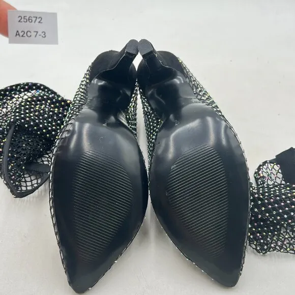 FSJ Black Diamante Fish Net Sexy High Heel Long Boots