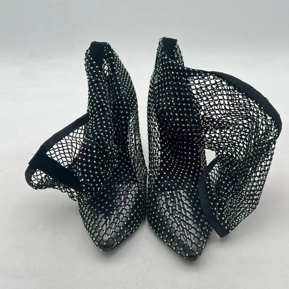 FSJ Black Diamante Fish Net Sexy High Heel Long Boots