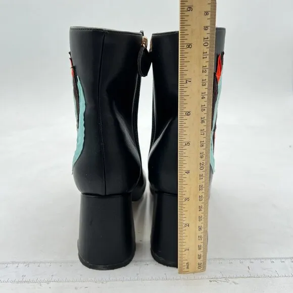 FSJ Black Fabulous Round Toe Ankle Boots Chunky Heels Floral Sewed Shoes