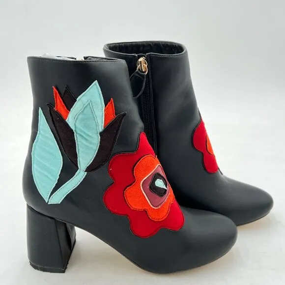 FSJ Black Fabulous Round Toe Ankle Boots Chunky Heels Floral Sewed Shoes