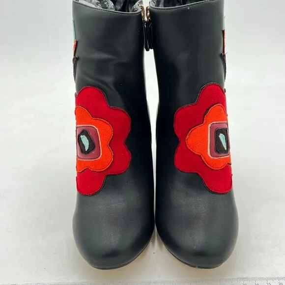 FSJ Black Fabulous Round Toe Ankle Boots Chunky Heels Floral Sewed Shoes