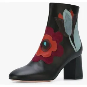 FSJ Black Fabulous Round Toe Ankle Boots Chunky Heels Floral Sewed Shoes