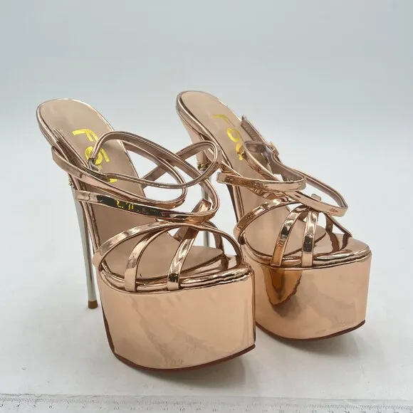 FSJ Gold Strappy Open Toe Platform Sandals Ankle Strap High Heel Metallic Shoes