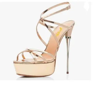 FSJ Gold Strappy Open Toe Platform Sandals Ankle Strap High Heel Metallic Shoes