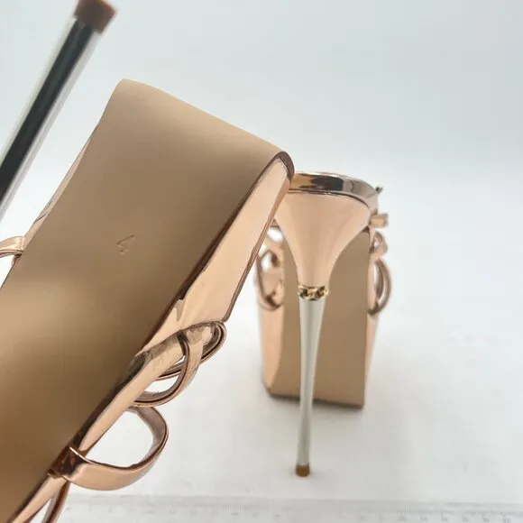 FSJ Gold Strappy Open Toe Platform Sandals Ankle Strap High Heel Metallic Shoes
