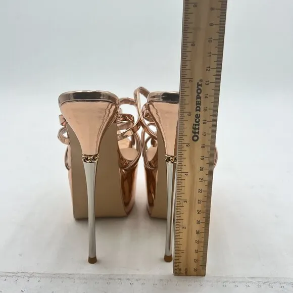FSJ Gold Strappy Open Toe Platform Sandals Ankle Strap High Heel Metallic Shoes