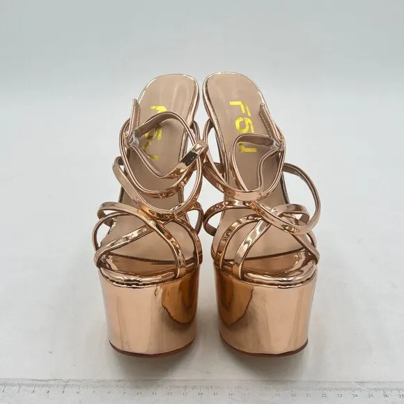 FSJ Gold Strappy Open Toe Platform Sandals Ankle Strap High Heel Metallic Shoes
