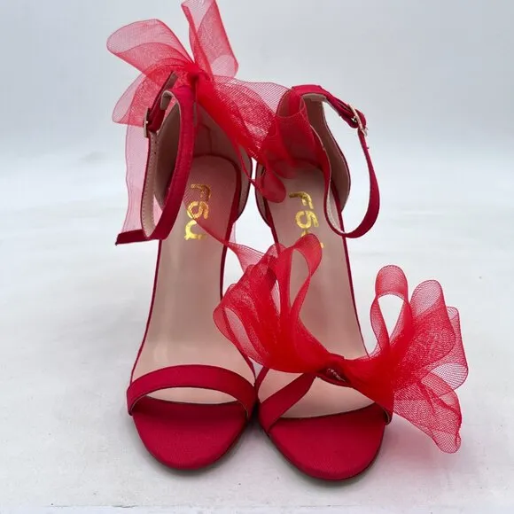 FSJ Red Mesh Gold Metal Chain Chunky High Heels Ankle Strap Sandal Open Toe Shoe