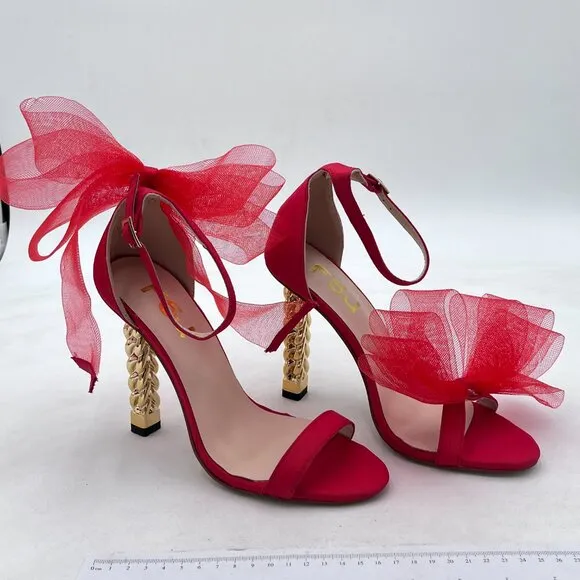 FSJ Red Mesh Gold Metal Chain Chunky High Heels Ankle Strap Sandal Open Toe Shoe