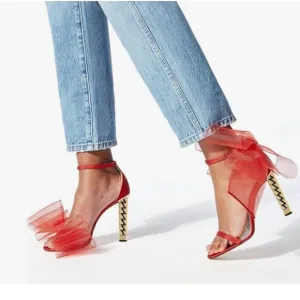 FSJ Red Mesh Gold Metal Chain Chunky High Heels Ankle Strap Sandal Open Toe Shoe