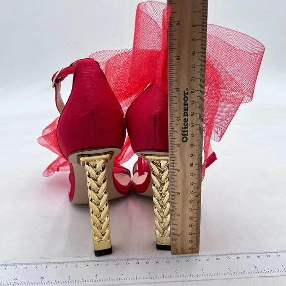 FSJ Red Mesh Gold Metal Chain Chunky High Heels Ankle Strap Sandal Open Toe Shoe