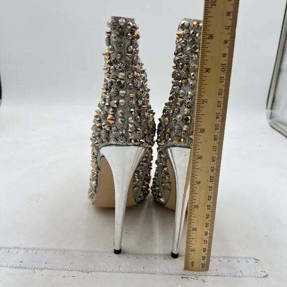 FSJ Silver Rivets High Heel Ankle Boots Pointed Toe Stilettos Zipper Unique Shoe