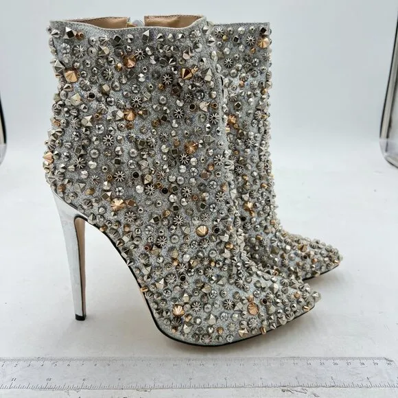 FSJ Silver Rivets High Heel Ankle Boots Pointed Toe Stilettos Zipper Unique Shoe