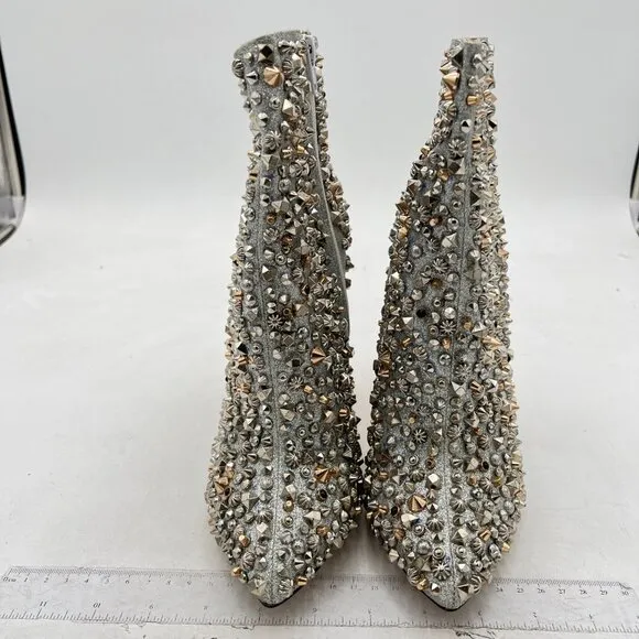 FSJ Silver Rivets High Heel Ankle Boots Pointed Toe Stilettos Zipper Unique Shoe