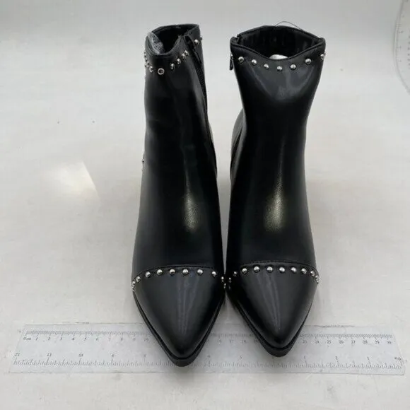 FSJ Women Block Low Mid Heels Ankle Boots Pointy Toe Rivets Studs Boots Black
