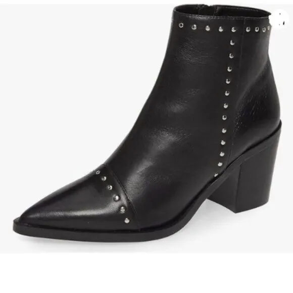 FSJ Women Block Low Mid Heels Ankle Boots Pointy Toe Rivets Studs Boots Black