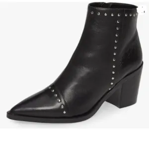 FSJ Women Block Low Mid Heels Ankle Boots Pointy Toe Rivets Studs Boots Black
