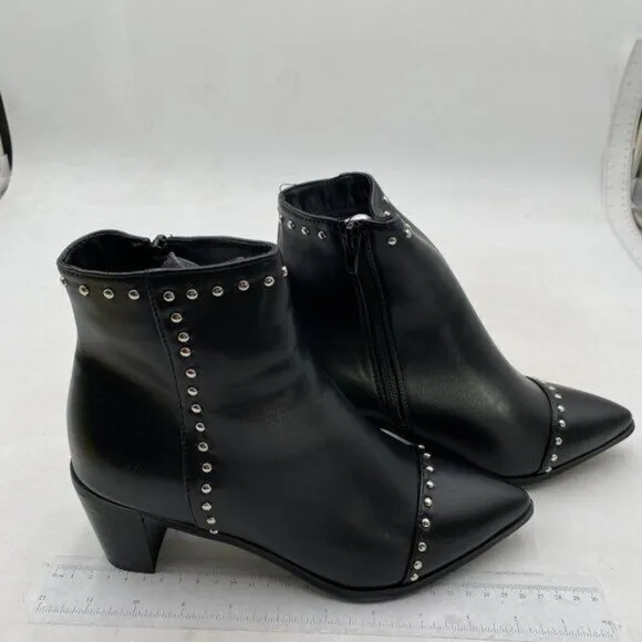 FSJ Women Block Low Mid Heels Ankle Boots Pointy Toe Rivets Studs Boots Black
