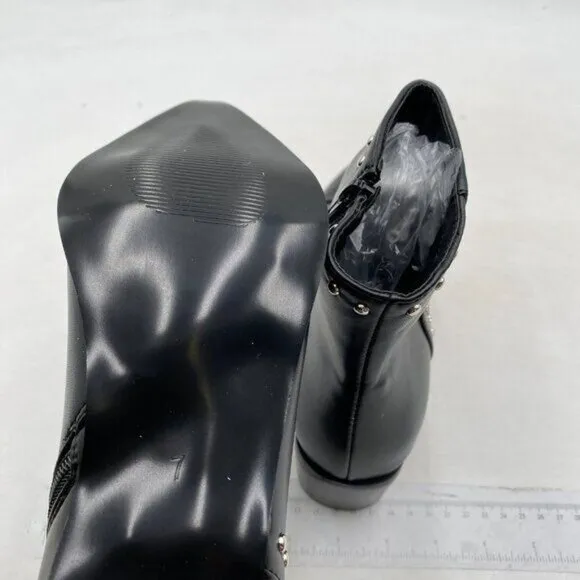 FSJ Women Block Low Mid Heels Ankle Boots Pointy Toe Rivets Studs Boots Black