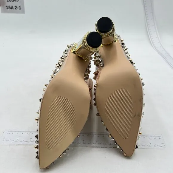 FSJ Women Chic Pointed Toe Crystal Chunky Block High Heel Ankle Boots Gold