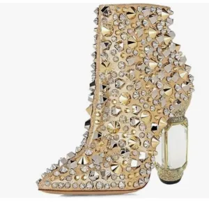 FSJ Women Chic Pointed Toe Crystal Chunky Block High Heel Ankle Boots Gold
