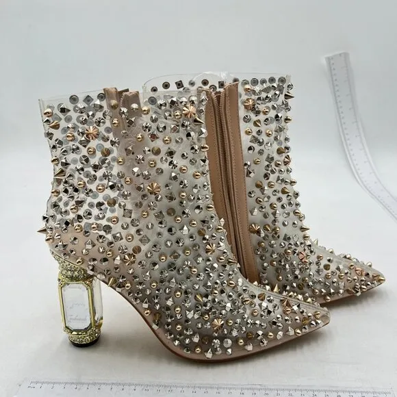 FSJ Women Chic Pointed Toe Crystal Chunky Block High Heel Ankle Boots Gold
