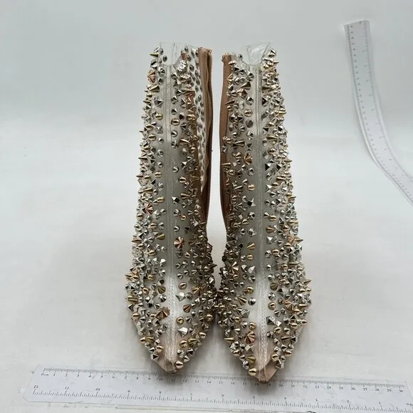 FSJ Women Chic Pointed Toe Crystal Chunky Block High Heel Ankle Boots Gold