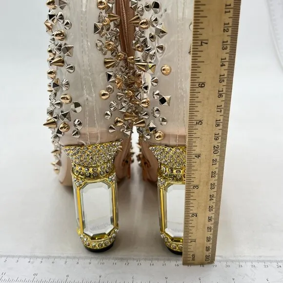 FSJ Women Chic Pointed Toe Crystal Chunky Block High Heel Ankle Boots Gold