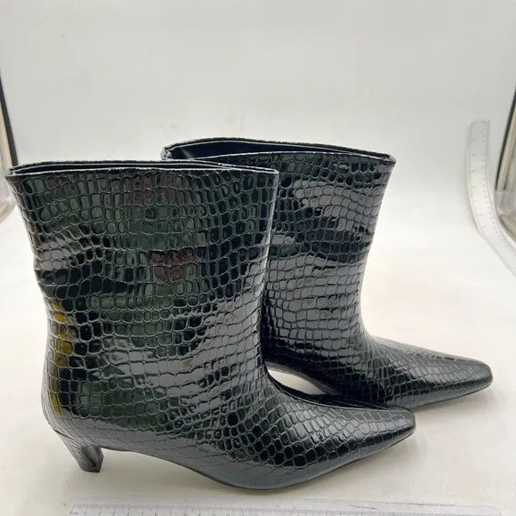 FSJ Women Square Toe  Kitten Low Heel Ankle Boot Pull On Bootie Winter Black