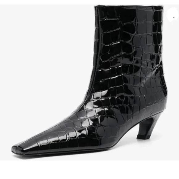 FSJ Women Square Toe  Kitten Low Heel Ankle Boot Pull On Bootie Winter Black