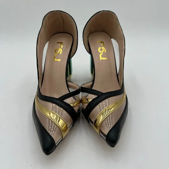 FSJ Yellow PVC Pointed Toe Chunky High Heel Crystal Pumps Wedding Dress Shoes