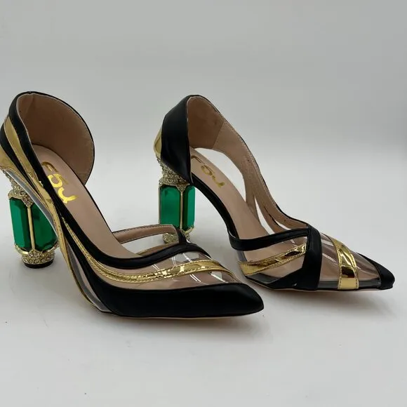 FSJ Yellow PVC Pointed Toe Chunky High Heel Crystal Pumps Wedding Dress Shoes