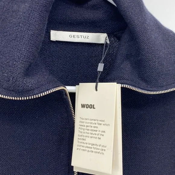 GESTUZ HERLAGZ DRESS sky captain wool blue midi minimalist side slits sz S