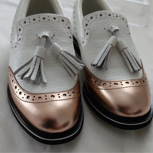 G/Fore GG Golf Shoes Girl's Sz 5.5 US, White Rose Gold Leather Cushioned Preppy