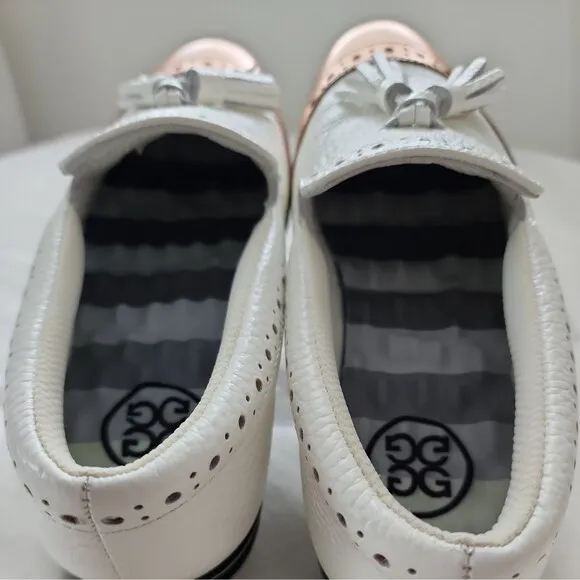 G/Fore GG Golf Shoes Girl's Sz 5.5 US, White Rose Gold Leather Cushioned Preppy