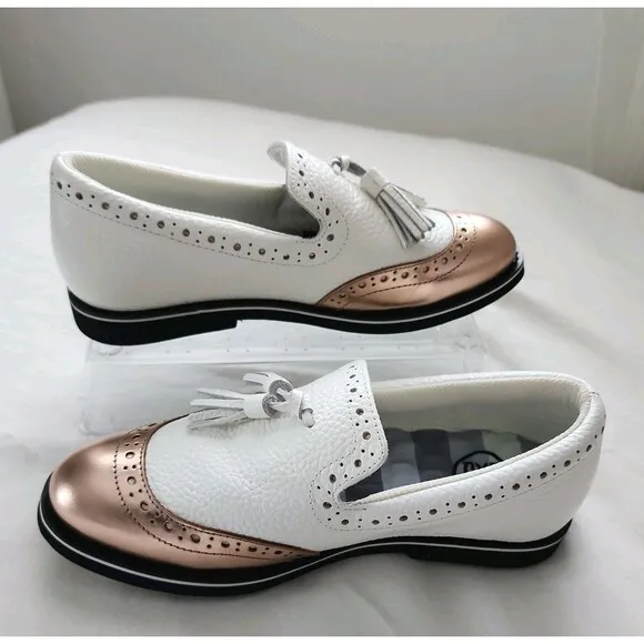 G/Fore GG Golf Shoes Girl's Sz 5.5 US, White Rose Gold Leather Cushioned Preppy