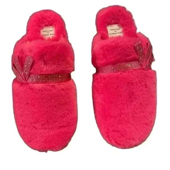 Gianni Bini x Nastia Liukin Darling Faux Fur Rhinestone Bow Slippers Size 9