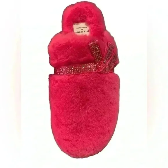 Gianni Bini x Nastia Liukin Darling Faux Fur Rhinestone Bow Slippers Size 9