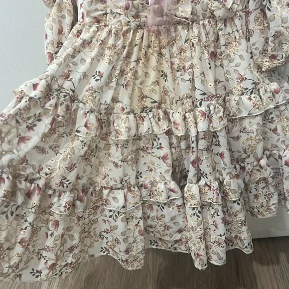 Girls designer dress.  Ivory chiffon with floral design formal dress. Size 3-4T.