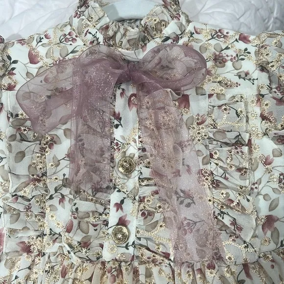 Girls designer dress.  Ivory chiffon with floral design formal dress. Size 3-4T.