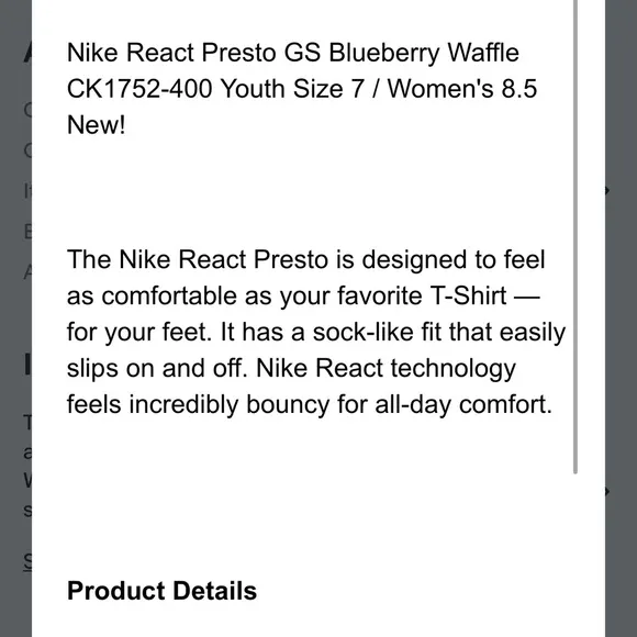 Girls Nike React Presto Shoes Youth 7 Womens 8.5