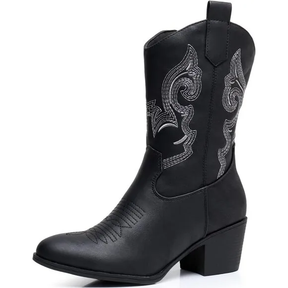 GLOBALWIN Cowgirl Boots Women's Black Faux Leather Mid Calf Chunky Low Heel