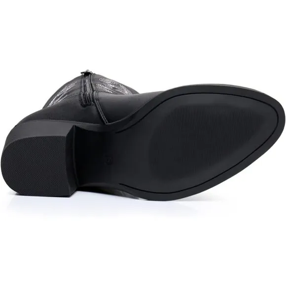 GLOBALWIN Cowgirl Boots Women's Black Faux Leather Mid Calf Chunky Low Heel