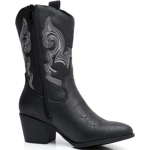 GLOBALWIN Cowgirl Boots Women's Black Faux Leather Mid Calf Chunky Low Heel