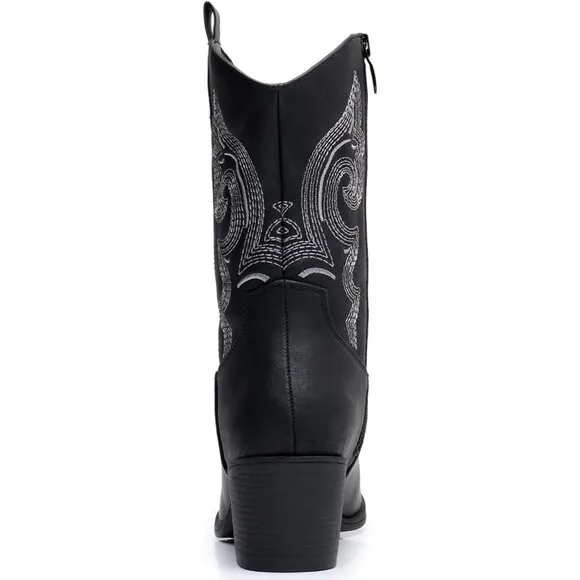 GLOBALWIN Cowgirl Boots Women's Black Faux Leather Mid Calf Chunky Low Heel