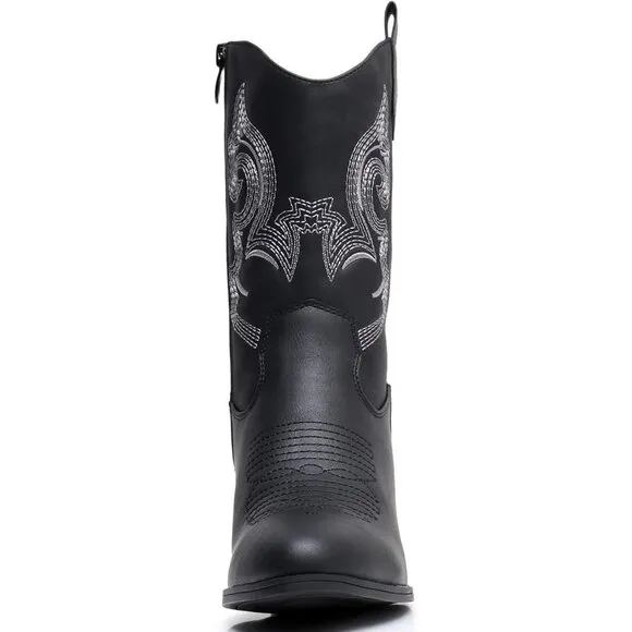 GLOBALWIN Cowgirl Boots Women's Black Faux Leather Mid Calf Chunky Low Heel